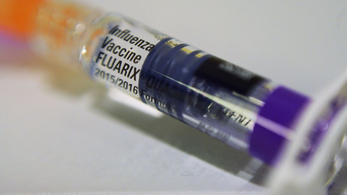 A single-dose syringe of the Fluarix quadravalent influenza vaccine.