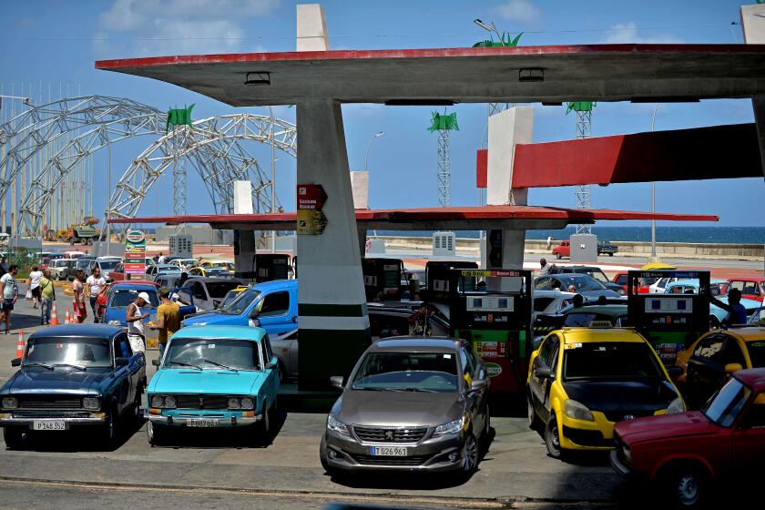 Car drivers line up to get their tanks filled at a gas station in Havana, on September 19, 2019. - Cuban President Miguel Diaz Canel blamed the United States for Cuba's fuel shortage. In his address, he said the "low availability of diesel" will affect transport, distribution and electricity generation. The US Treasury Department has imposed sanctions on various companies for transporting Venezuelan petroleum to Cuba. (Photo by YAMIL LAGE / AFP)YAMIL LAGE/AFP/Getty Images ** OUTS - ELSENT, FPG, CM - OUTS * NM, PH, VA if sourced by CT, LA or MoD **