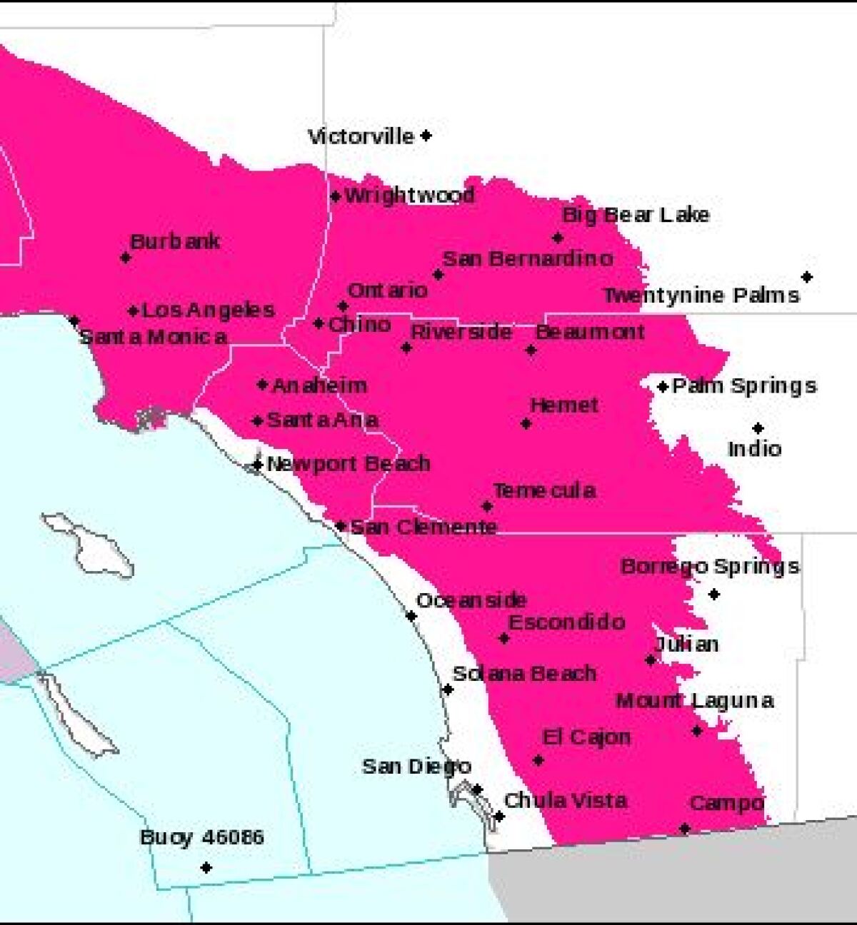 Area highlighted showing Red Flag Warning in Sotuthern California. 