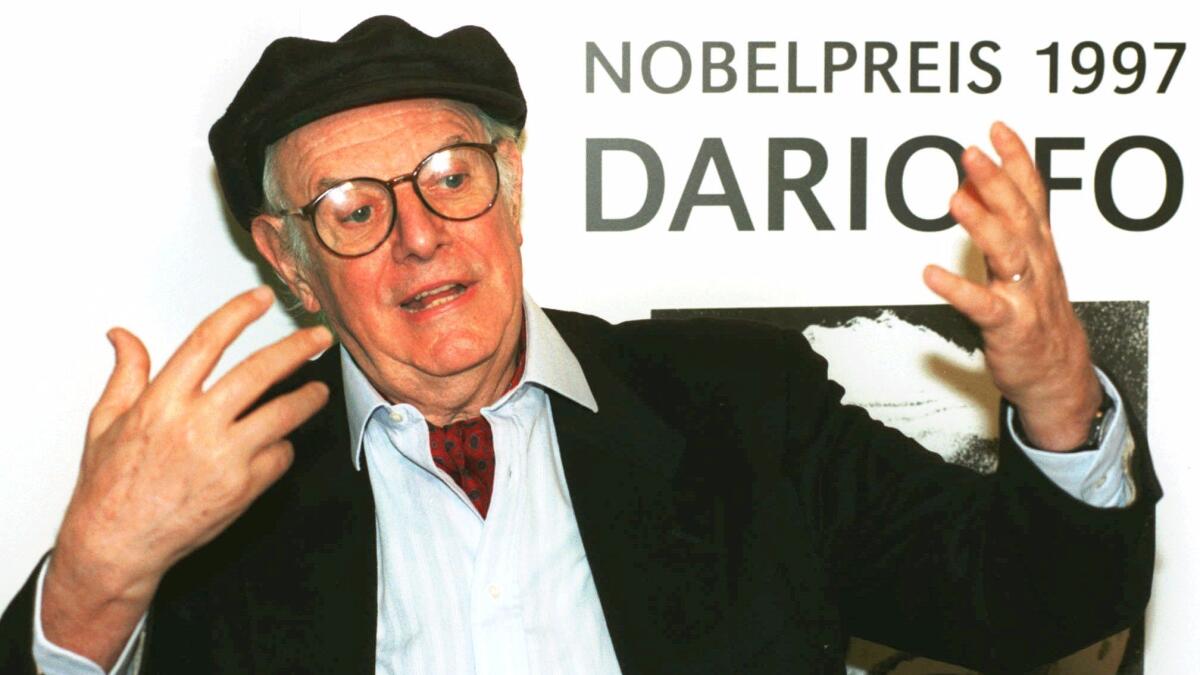 Dario Fo gives an interview in October 1997 at a German publishing house in Frankfurt.