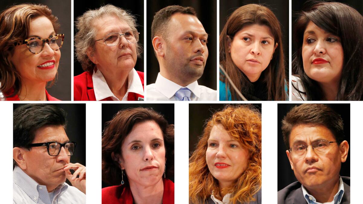 The candidates for the District 5, top row from left.Ana Cubas, Jackie Goldberg, David Valdez, Graciela Ortiz, and Cynthia Gonzalez . Bottom row from left; Salvador Chamba Sancez, Allison Bajracharya, Heather Repenning and Nestor Valencia.