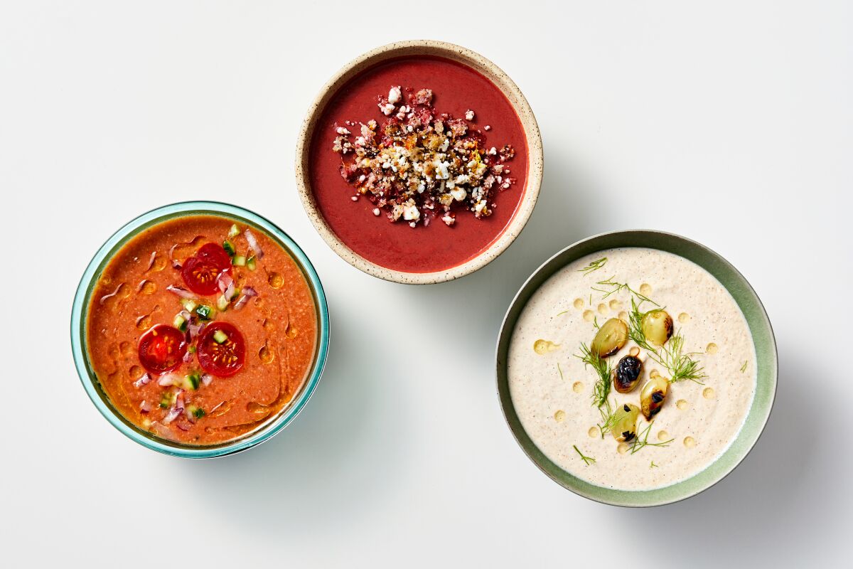 A trio of cold soups that get smoky depth from grilled produce. Prop styling by Nidia Cueva.