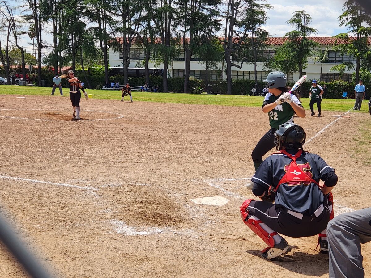 Estancia's Mikaila Gorey delivers a pitch against San Gabriel Mission during Division 7 softball playoffs.