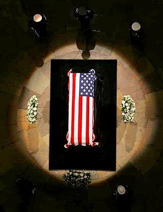 A birds-eye view of the casket of President Gerald R. Ford in the Capitol Rotunda in Washington, D.C., where it lay in state through Tuesday.
