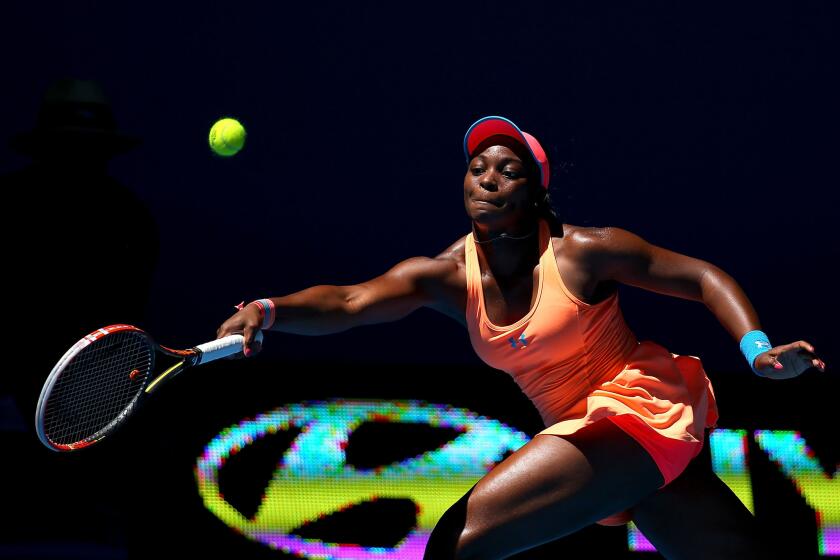 Sloane Stephens of the U.S. plays a forehand to Anabel Medina Garrigues of Spain in the women's singles match during day three of the Hopman Cup at Perth Arena on Dec. 30 in Perth, Australia.