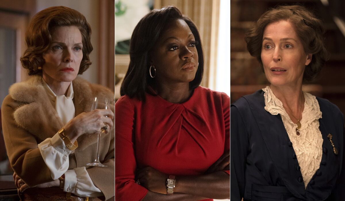 This combination of photos released by Showtime shows, from left, Michelle Pfeiffer as Betty Ford, Viola Davis as Michelle Obama and Gillian Anderson as Eleanor Roosevelt, in separate scenes from "The First Lady," premiering Sunday. (Showtime via AP)