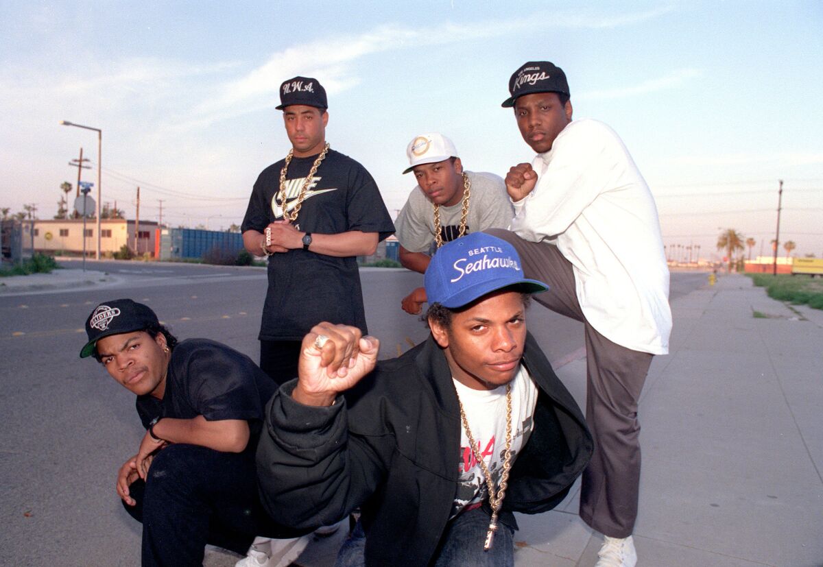 N.W.A on a street in March 1989, with Dr. Dre.