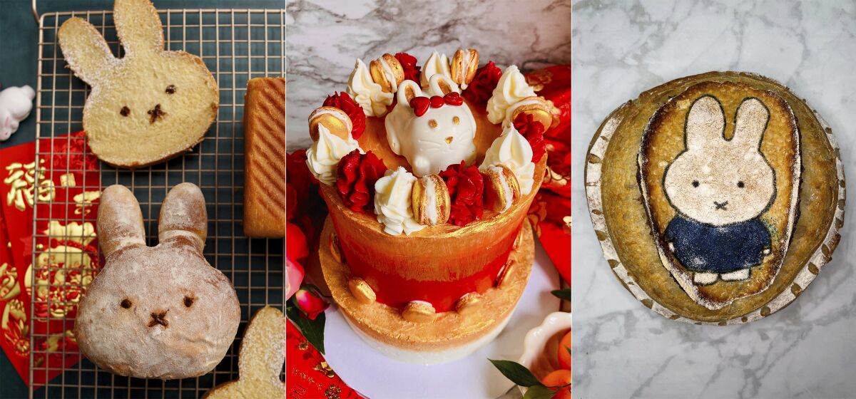 This combination of image shows bakes goods, from left, Year of the Rabbit milk bread, a two-tier Lunar New Year cake with a Year of the Rabbit theme, and a sourdough boule with an illustration of Miffy, a rabbit from a popular Dutch picture book series. With Lunar New Year, the possibilities of dessert or as varied as the Asian diasporas around the world that celebrate the occasion. In this age of social media, food savvy and cultural pride, younger generations of Asians are getting more inspired to bring desserts to the family dinner table that are whimsical and creative. (Kat Lieu via AP, left, Karen Chin via AP, center and Kelson Herman via AP)