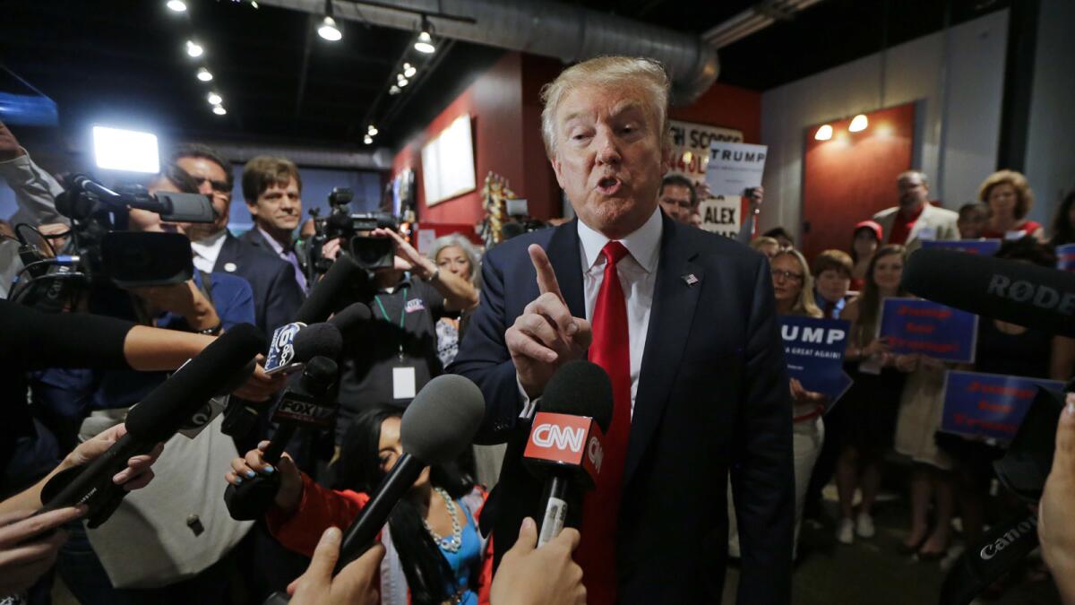 Then-Republican presidential candidate Donald Trump answers questions from reporters at the National Federation of Republican Assemblies on Aug. 29, 2015, in Nashville. As seen in the documentary "Nobody Speak: Trials of the Free Press."