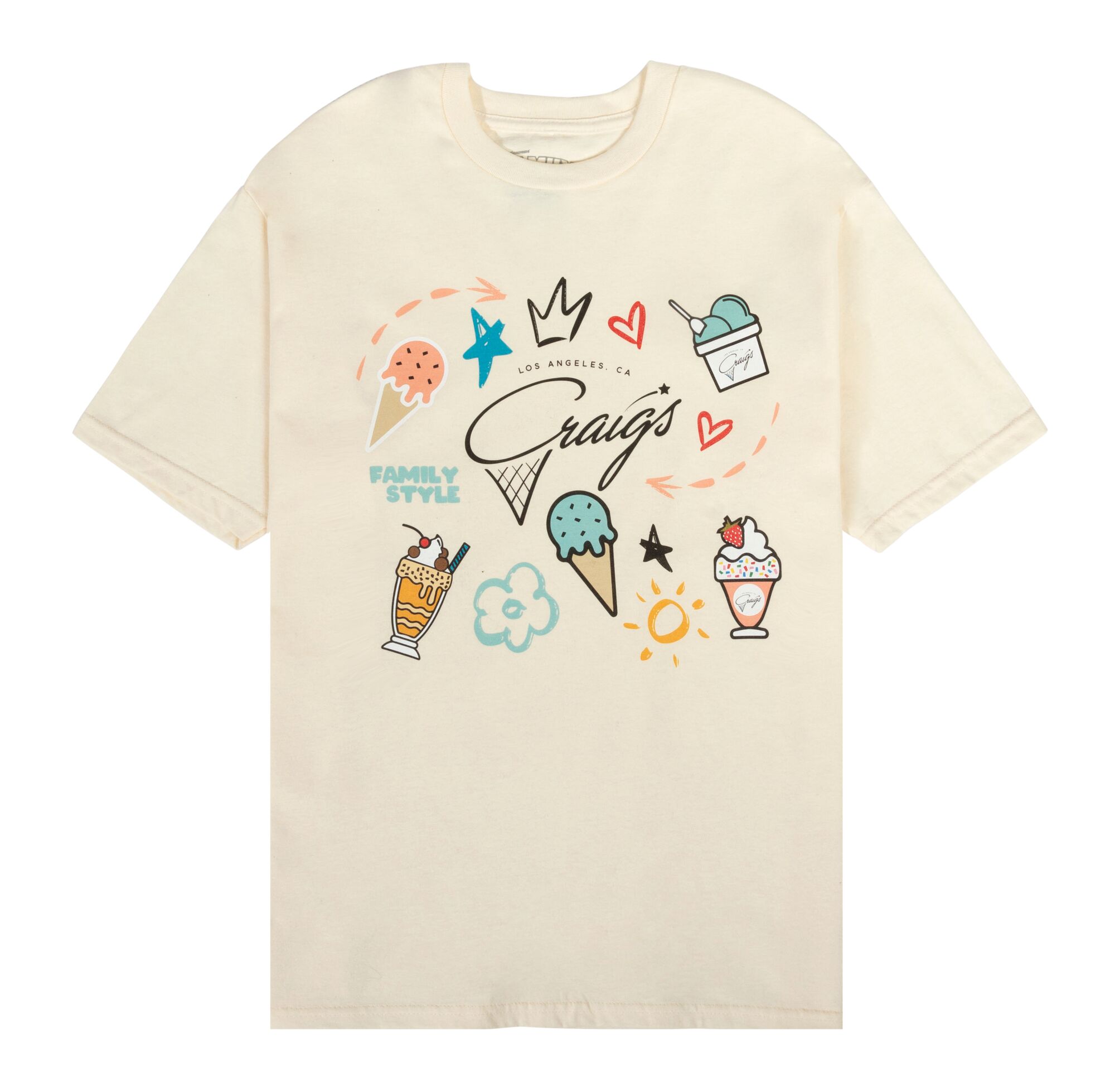 Whimsical cream-colored tee with drawings of ice creams