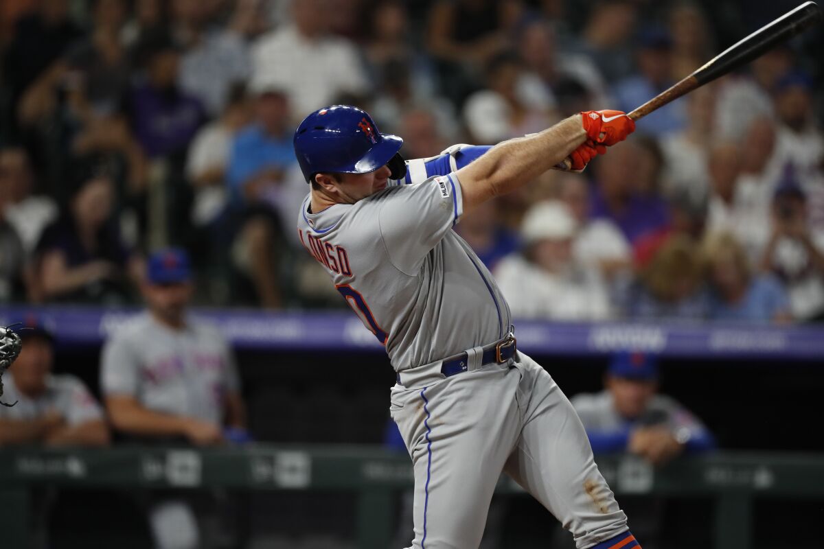 New York Mets first baseman Pete Alonso hits against the Colorado Rockies on Sept. 16.