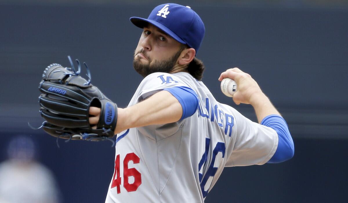 Los Angeles Dodgers starting pitcher Mike Bolsinger pitches against the San Diego Padres on Sunday.