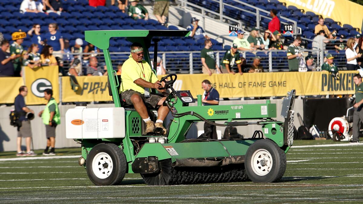 The artificial turf at Tom Benson Hall of Fame Stadium was deemed unsafe for a game between the Packers and Colts on Sunday.
