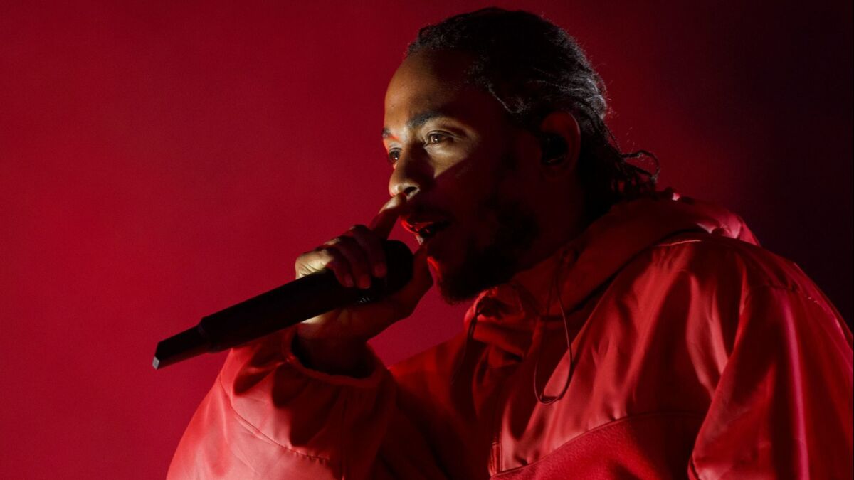 Kendrick Lamar performs at L.A. Live during the NBA All-Stars weekend road show concert on Feb. 16.