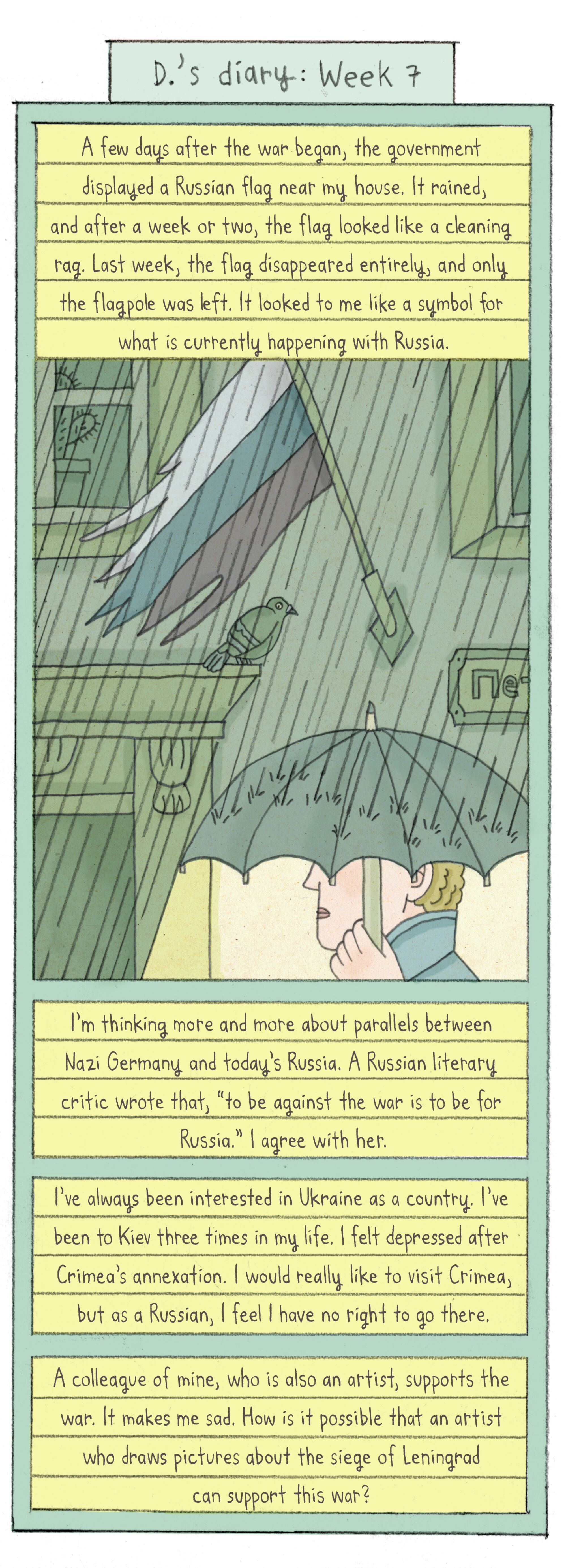 comic depicting a figure in the rain with a Russian flag on a building facade behind. The flag is damaged by the weather.