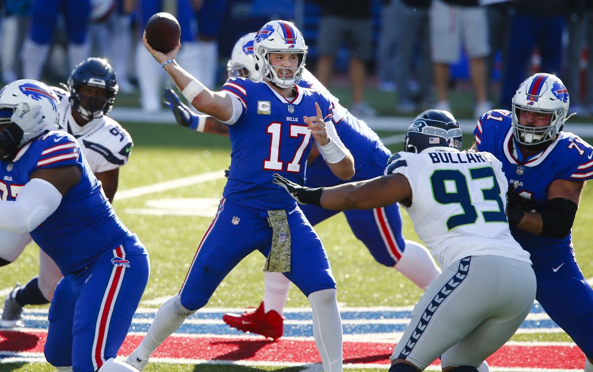 Buffalo Bills quarterback Josh Allen throws against the Seattle Seahawks during Sunday's 44-34 win.