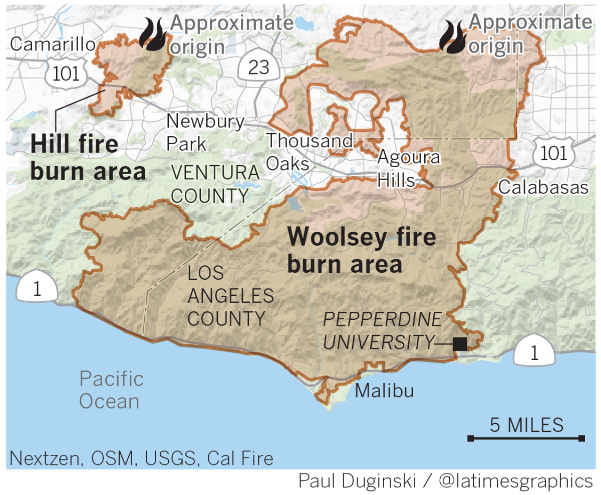 Map of Woolsey and Hill fires in Southern California, Nov. 8, 2018.