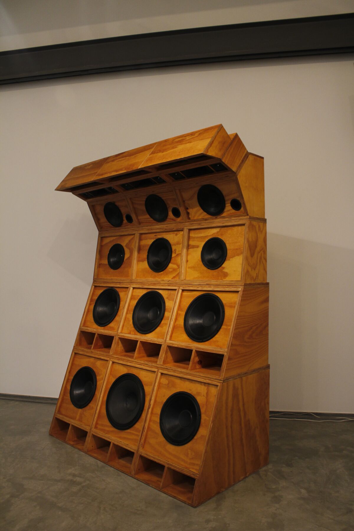Cosmo Whyte's "Sole Imperial," 2019, plywood, 12 speakers, 3 horns, 15 tweeters