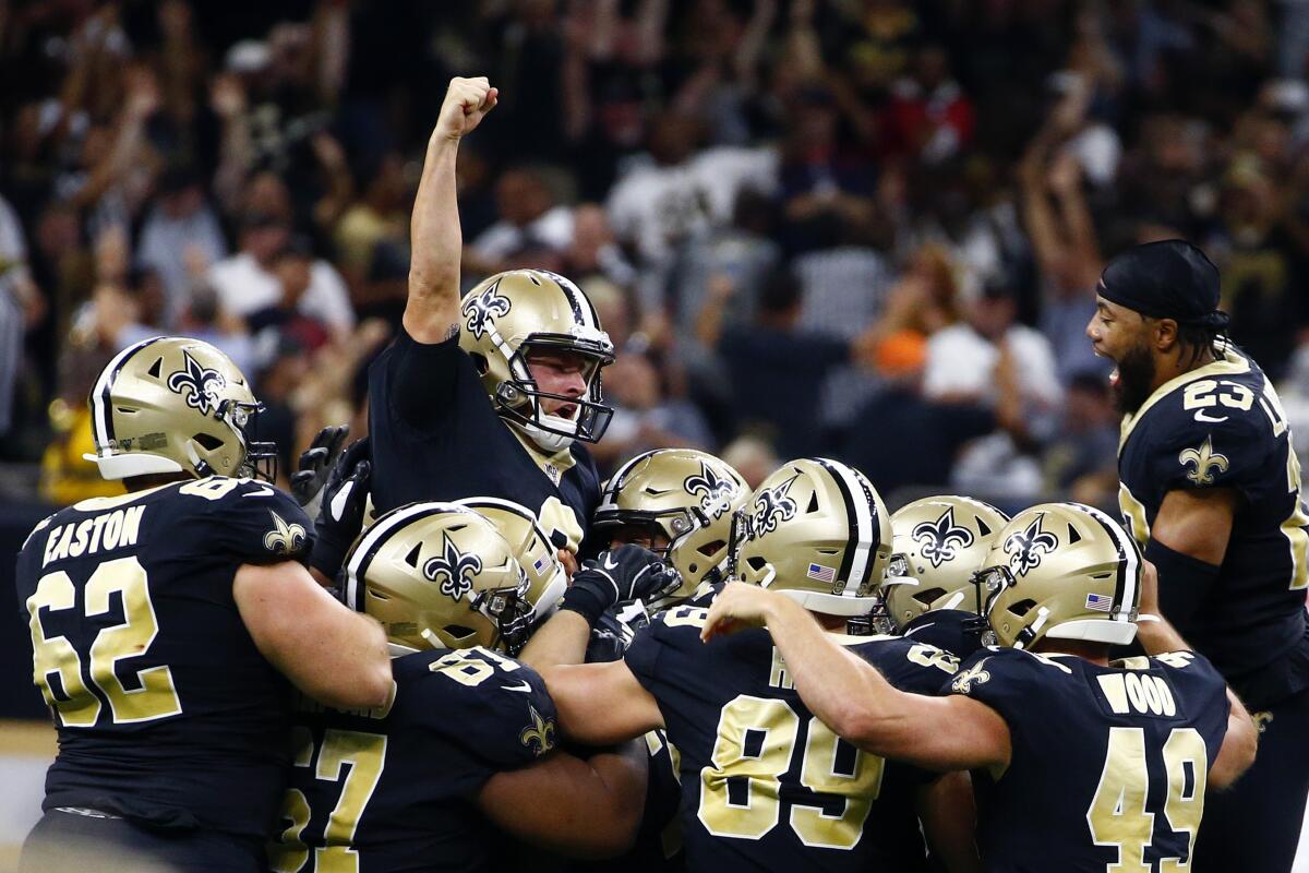 New Orleans Saints kicker Wil Lutz celebrates his game winning 58-yard field goal at the end of regulation against the Houston Texans in New Orleans on Monday. The Saints won 30-28. 