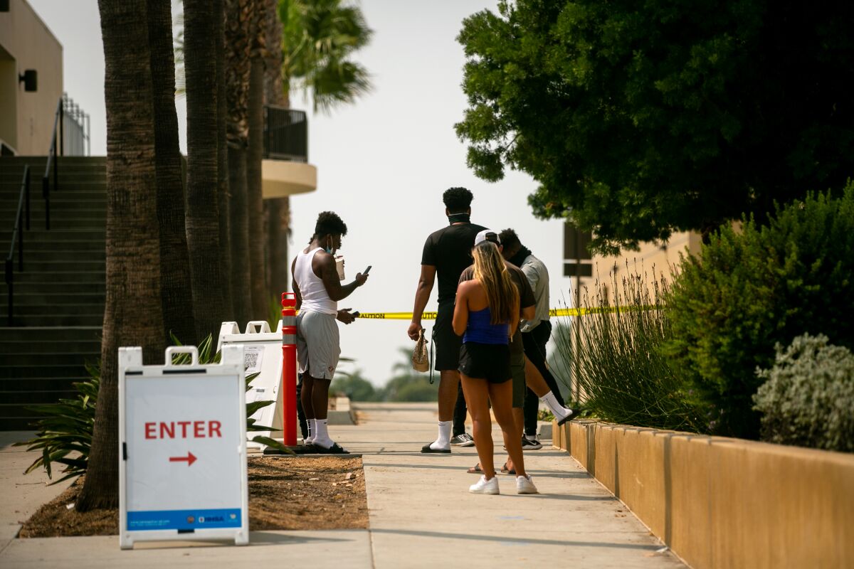 People line up for COVID-19 tests on the campus of San Diego State University.