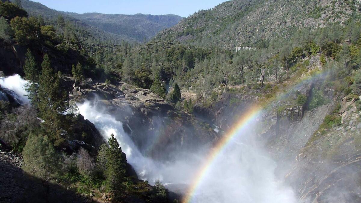A rainbow forms in the mist from water releases at Hetch Hetchy Reservoir on May 16, 2012.