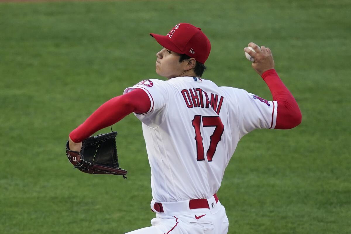 Angels starting pitcher Shohei Ohtani delivers during a game.