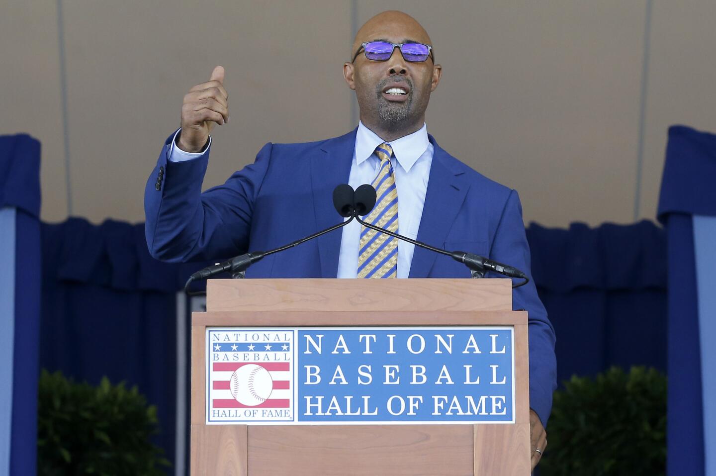 Harold Baines gives his speech during theHall of Fame induction ceremony at Clark Sports Center on July 21, 2019 in Cooperstown, New York.
