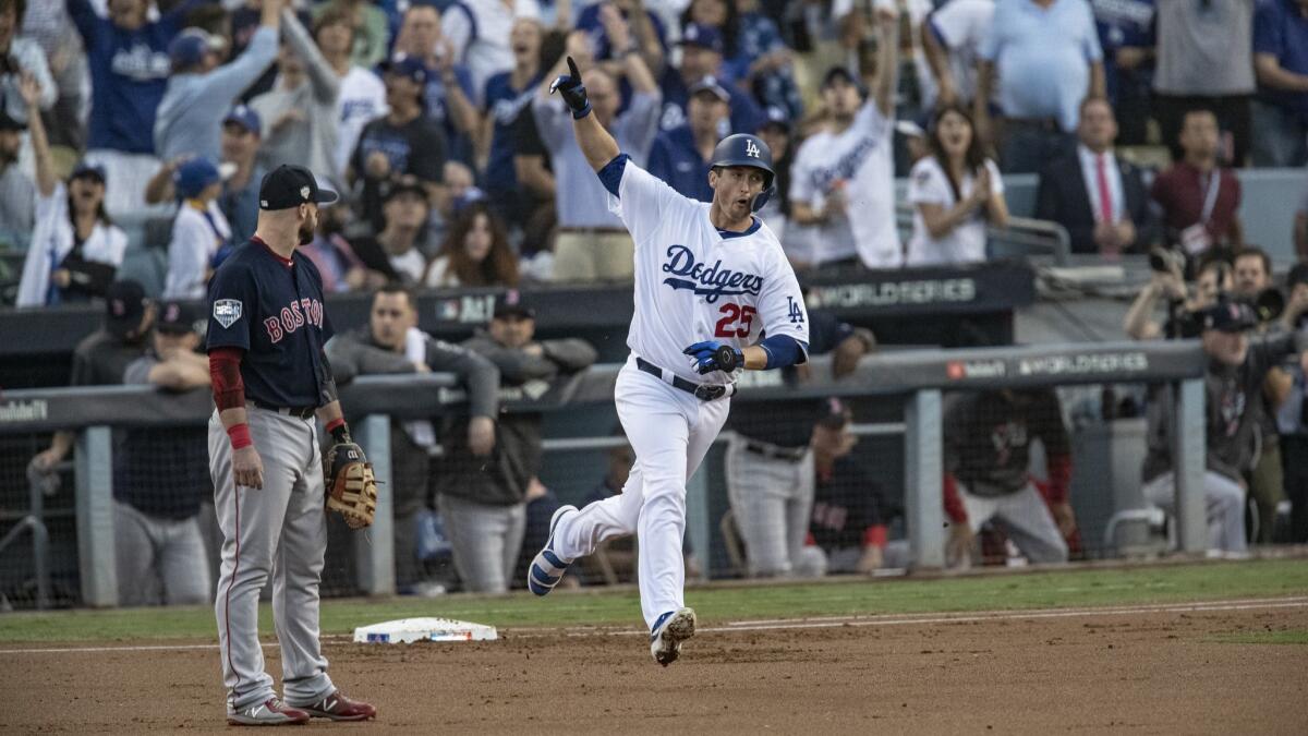 Dodgers first baseman David Freese (25) reacts after hitting a solo homer in the first inning of Game 5 of the World Series.