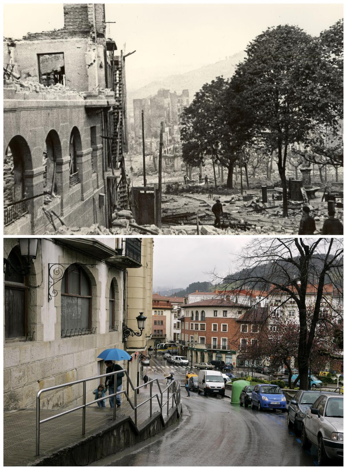 This composite photo shows the destroyed center of the town of Guernica, top, shortly after German and Italian fighter planes backing the fascist forces of Gen. Francisco Franco in the Spanish Civil War leveled the town with bombs. Below is the town nearly 70 years later.