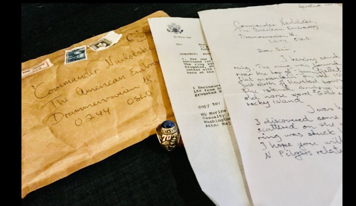 Poway's Abigail Boretto received an envelope containing her father's lost ring and a letter from its finder, Hans Krogstad.