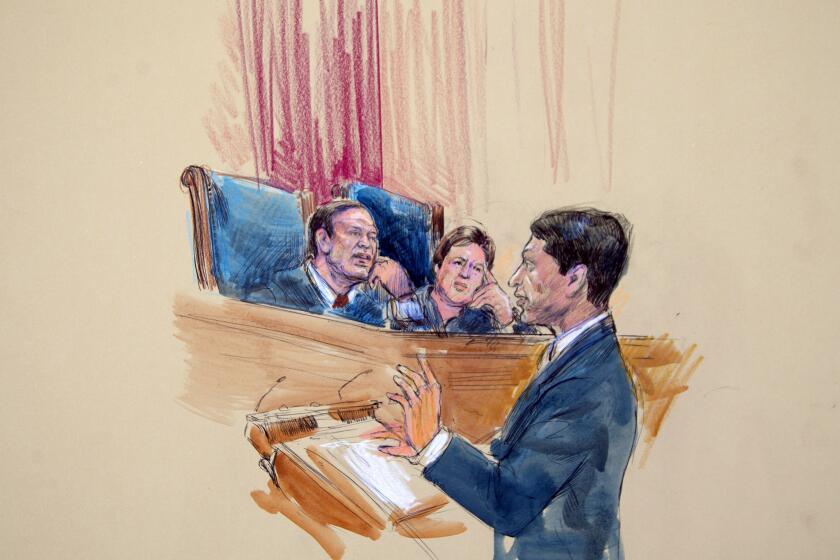 This artist rendering shows Deputy Solicitor Gen. Sri Srinivasan addressing the Supreme Court, including Justices Samuel Alito, left, and Elena Kagan, right, on Wednesday as the court heard arguments on the Defense of Marriage Act.