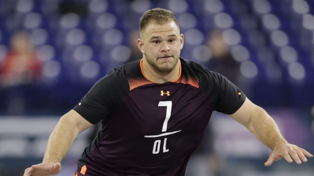 N.C. State center Garrett Bradbury runs a drill during the NFL scouting combine.