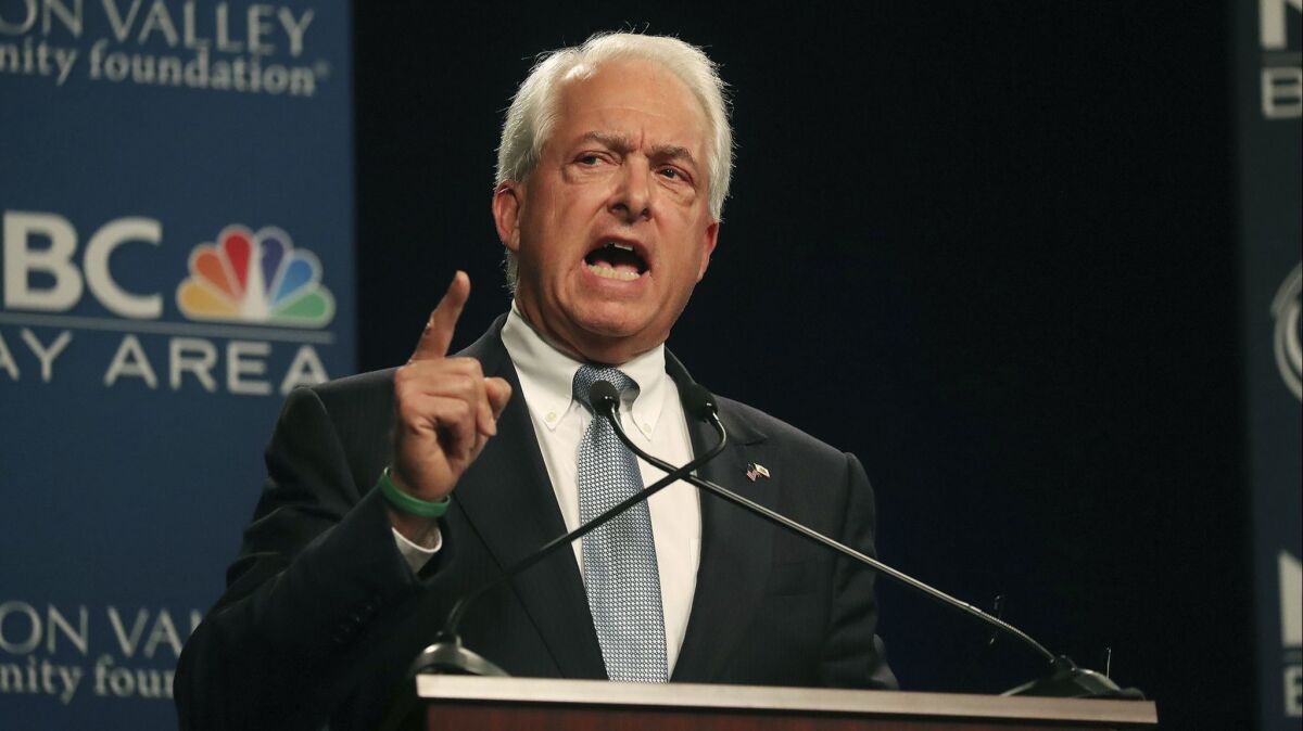 Republican gubernatorial candidate John Cox speaks during a debate at the California Theatre, Tuesday, May 8, 2018, in San Jose.