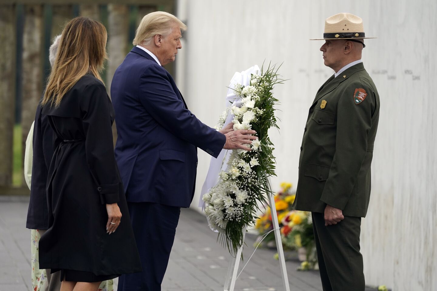 President Trump and First Lady Melania Trump lay a wreath at the Flight 93 National Memorial in Shanksville, Pa.