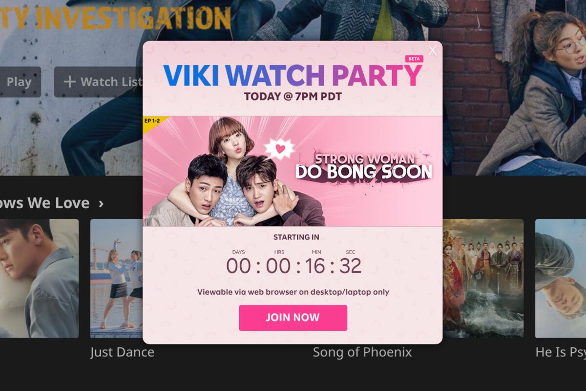 A screen grab shows a watch party ad for the Korean show "Strong Woman Do Bong Soon."
