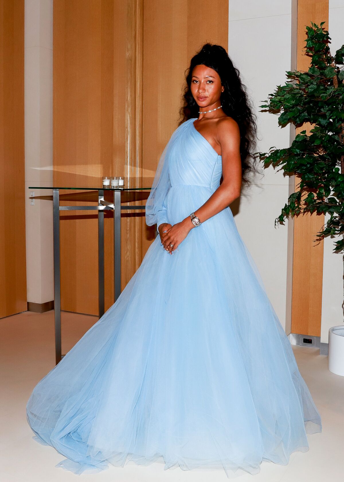 A woman with long dark hair in an ice blue one-shoulder full-skirted gown.