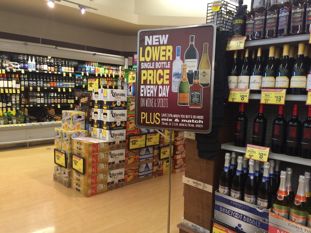 The wine section at Albertsons in Culver City. The chain is offering 10% off on purchases of six bottles.