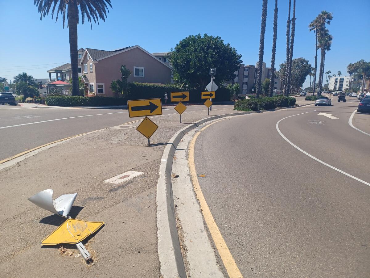 A road sign on La Jolla Boulevard was believed to have been knocked over by a speeding driver.