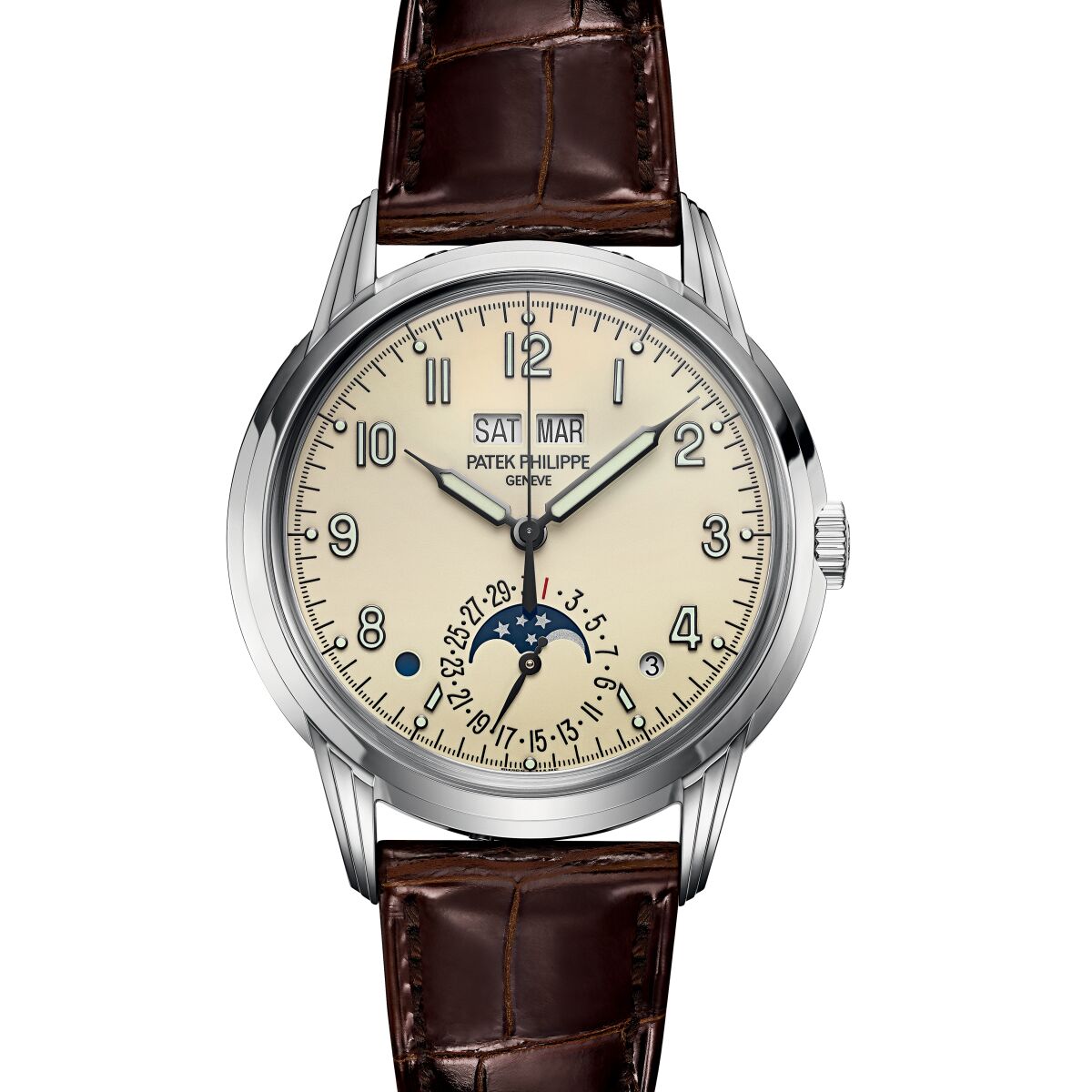 A photo of Patek Philippe's Men's Perpetual Calendar watch in white gold.