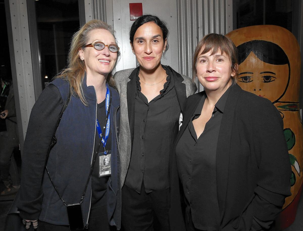 Meryl Streep, left, director Sarah Gavron and writer Abi Morgan attend the "Suffragette" world premiere at Telluride Film Festival on Sept. 4, 2015. in Telluride, Colorado.