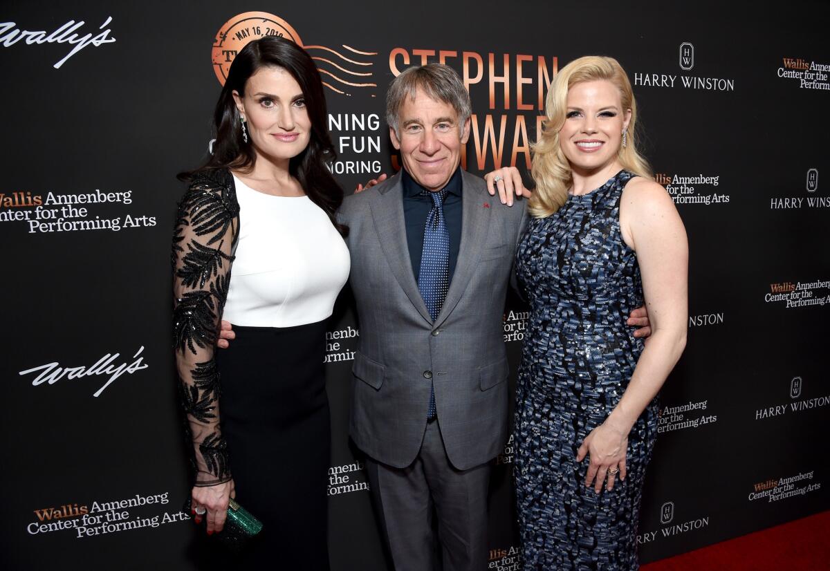 Idina Menzel, from left, honoree Stephen Schwartz and Megan Hilty attend "An Evening of Wicked Fun Honoring Stephen Schwartz" on May 16 at the Wallis Annenberg Center in Beverly Hills.