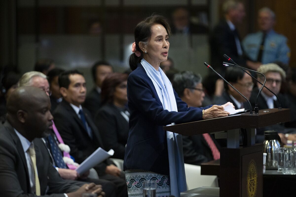 Myanmar's leader Aung San Suu Kyi addresses judges of the International Court on the second day of three days of hearings in The Hague, Netherlands.