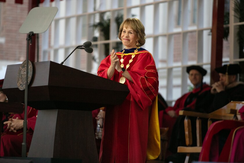 USC President Carol Folt addresses alumni during the graduation ceremony at USC on May 13.