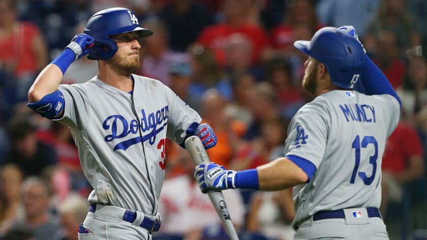 Cody Bellinger is congratulated by teammate Max Muncy after hitting a home run during the fifth inning of a 16-2 victory over the Philadelphia Phillies on Monday.