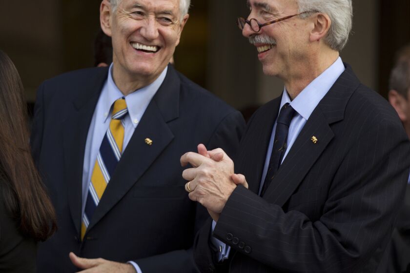 Nicholas Dirks, right, with Robert Birgenau, his predecessor as Berkeley chancellor, after his appointment in 2012.