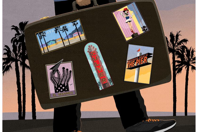 Illustration by Michael Glenwood for Stuart Emmrich's column on living out of his suitcase at different Airbnb's. (Illustration by Michael Glenwood / For the Times)