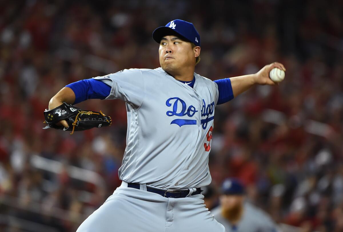 Dodgers pitcher Hyun-Jin Ryu delivers against the Washington Nationals in Game 3 of the National League Division Series last month.