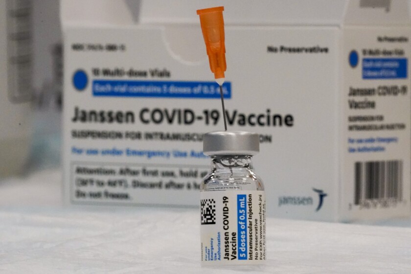 FILE - In this April 8, 2021 file photo, the Johnson & Johnson COVID-19 vaccine is seen at a pop up vaccination site in the Staten Island borough of New York. With a green light from federal health officials, several states resumed use of the one-shot Johnson & Johnson coronavirus vaccine on Saturday, April 24. Among the venues where it's being deployed is the Indianapolis Motor Speedway, where free vaccinations were available to anyone 18 or older. (AP Photo/Mary Altaffer, File)