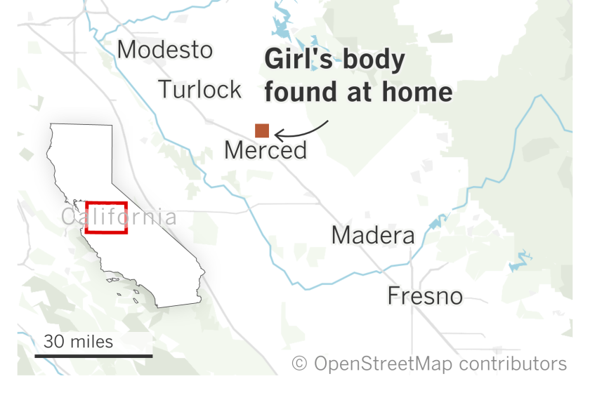 A map of the Central Valley shows where a girl's body was found at a home in Merced