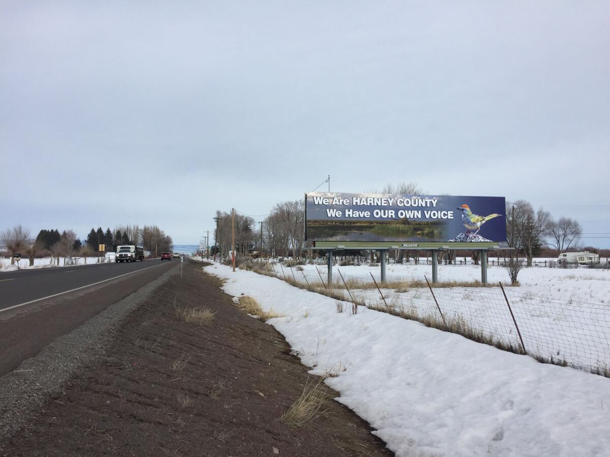 A billboard outside Burns, Ore., the day after an armed standoff ended at the nearby Malheur National Wildlife Refuge.